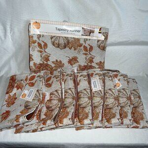 Perfect Harvest Fall Pumpkin Leaves Tapestry Table Runner & Placemats Set
